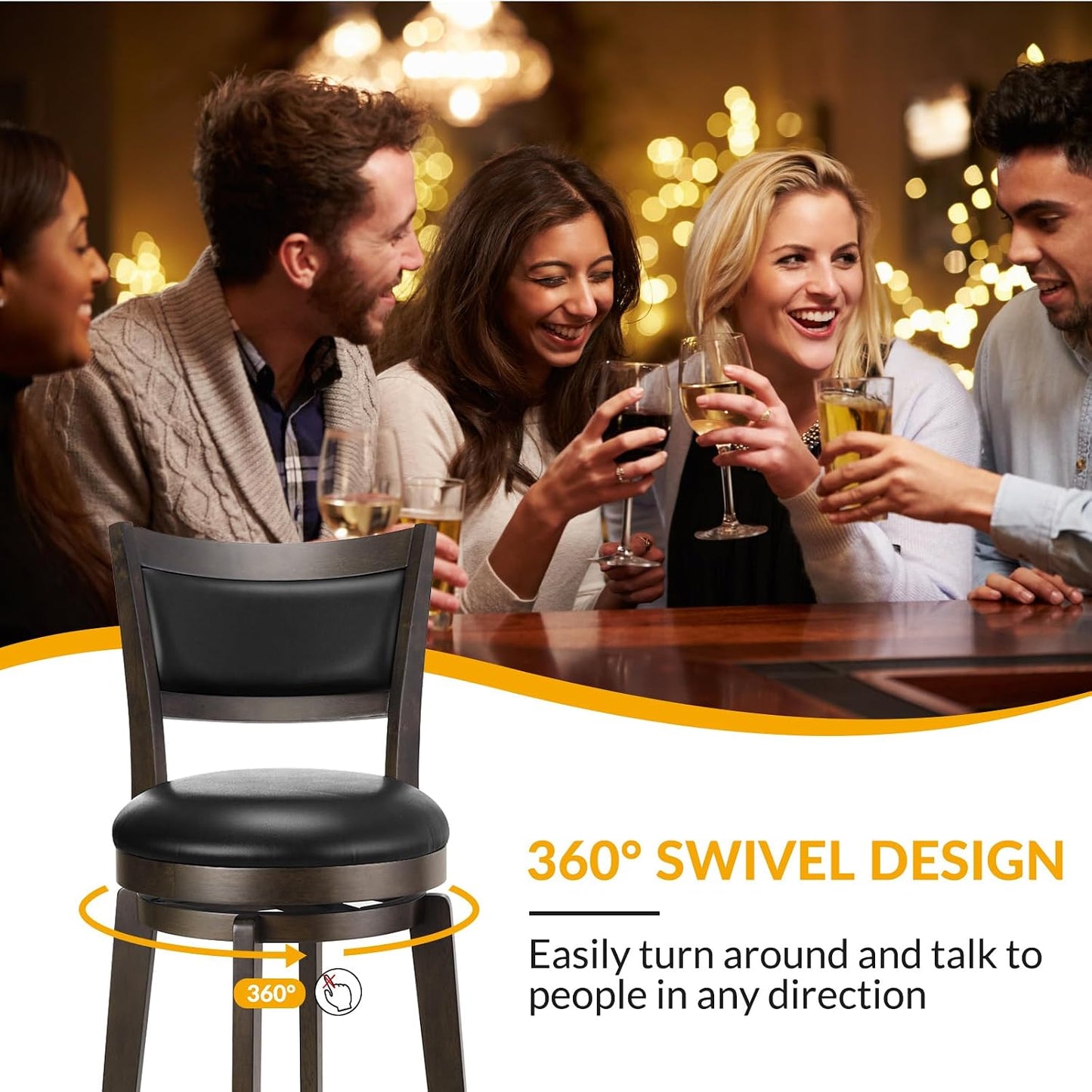 26 Inch Swivel Counter Height Bar Stool Black Faux Leather Solid Wood Frame