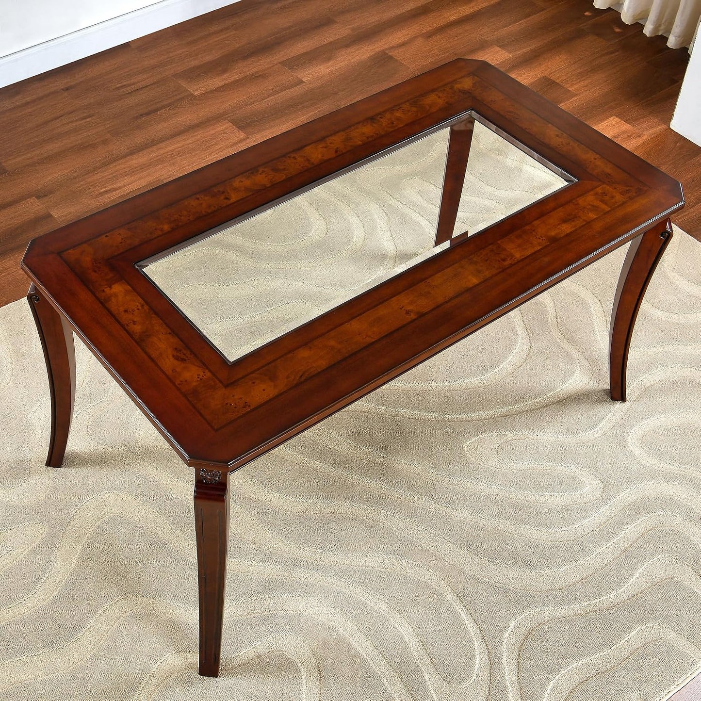 Cherry Wood Dining Table with Glass Top Traditional Vintage Table for 6