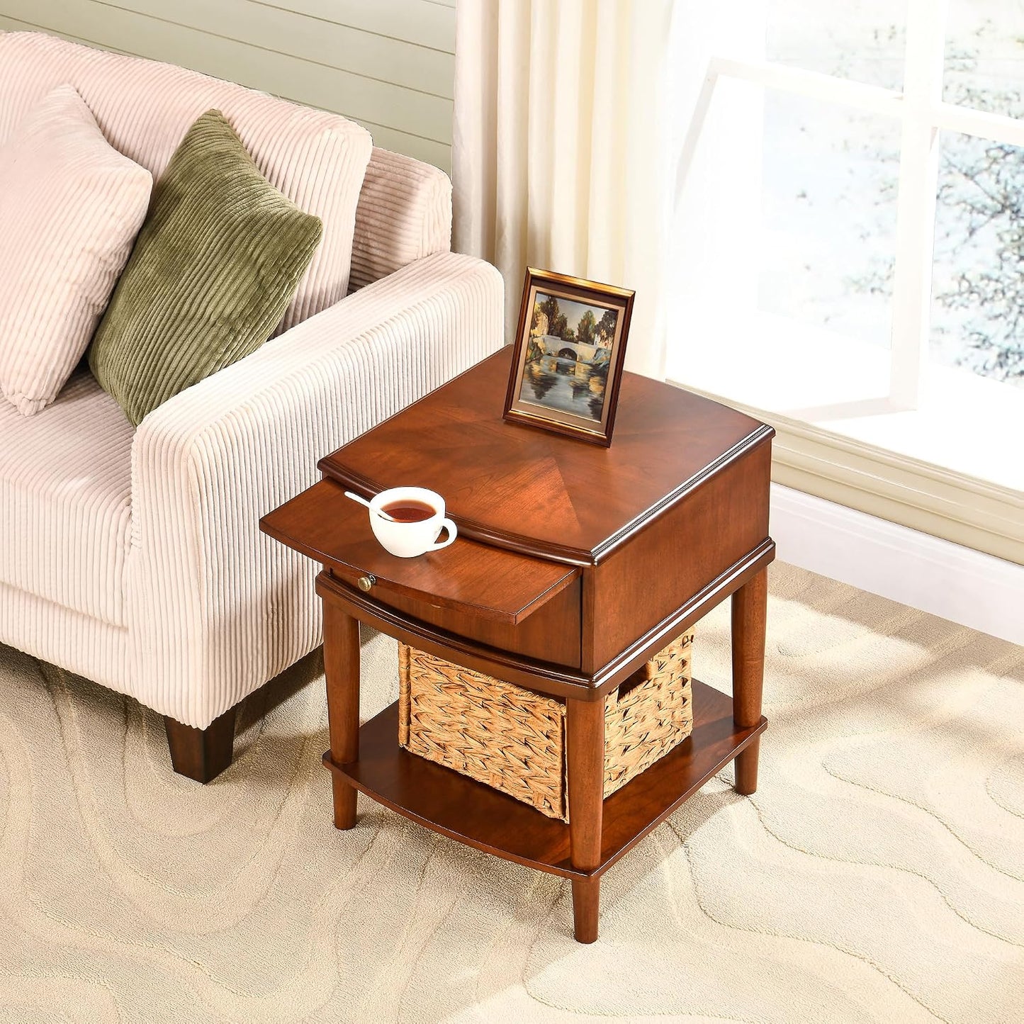 Solid Wood End Table with Drawer Pull Out Tray and Storage Shelf
