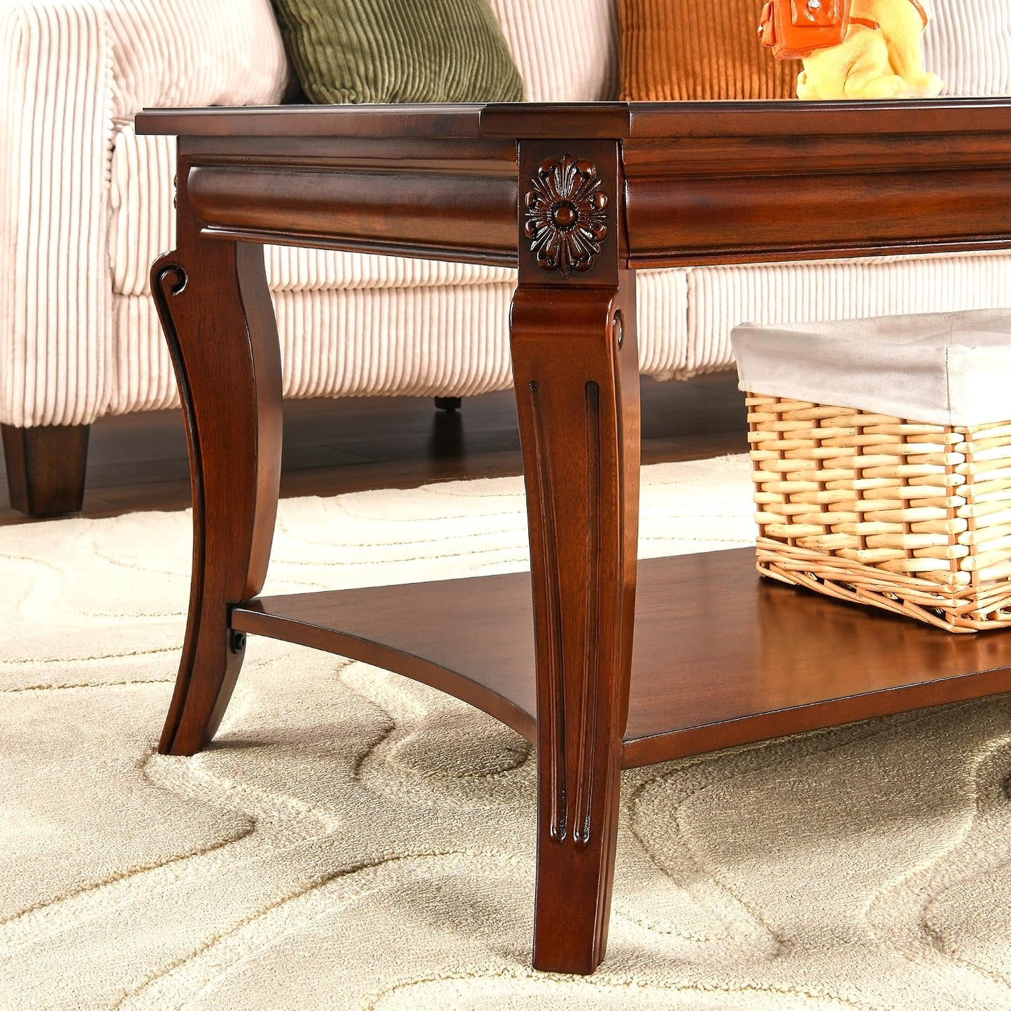 Solid Wood Glass Top Coffee Table Cherry Brown with Storage Shelf Classic Farmhouse Table