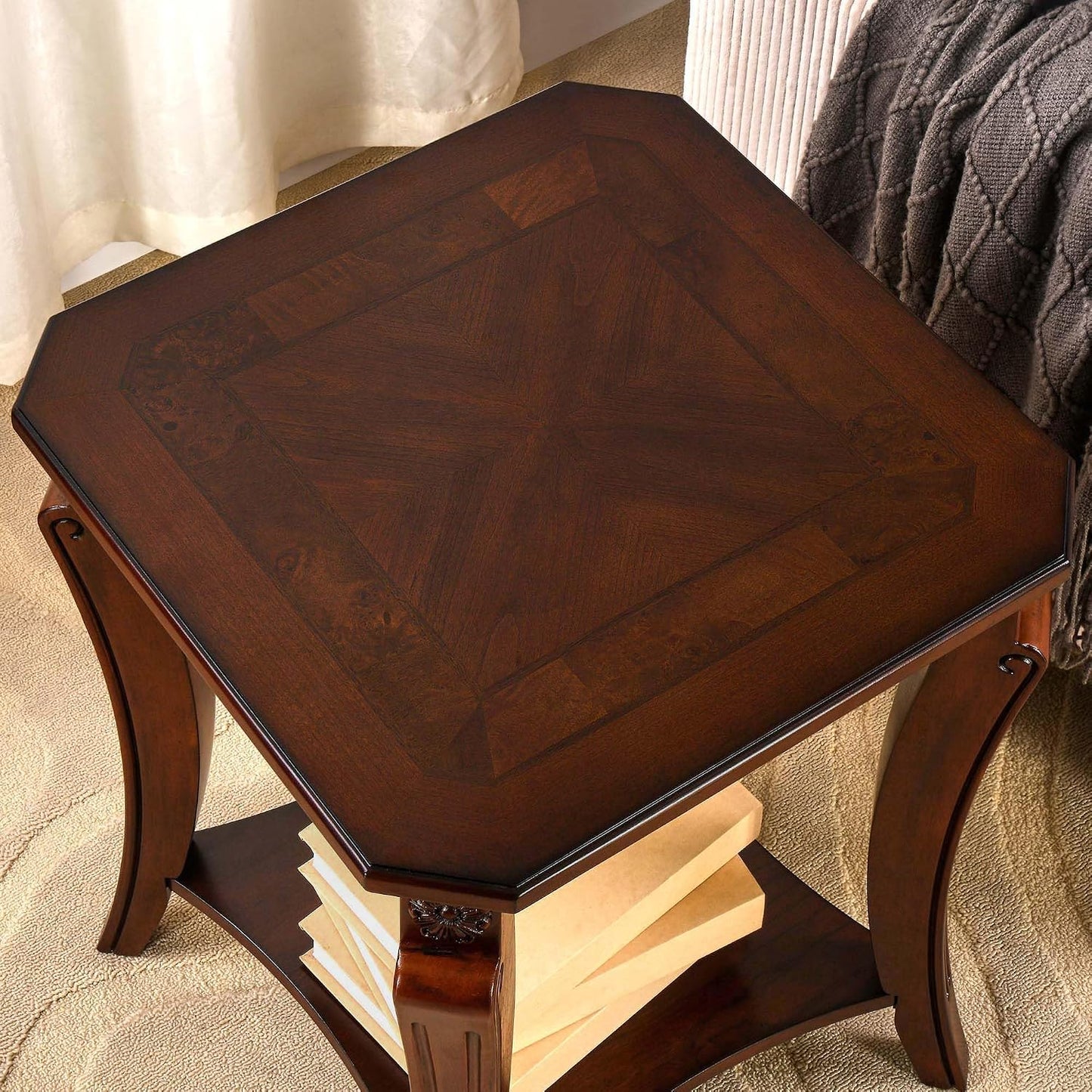 Solid Wood Square End Table with Glass Top and Storage Shelf