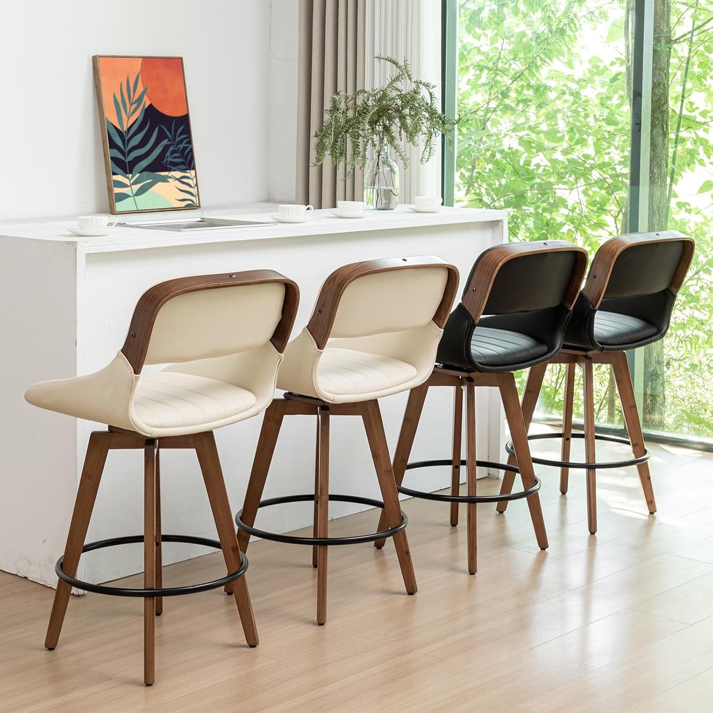 Walnut Black Swivel Bar Stools Faux Leather Mid Century Set of 2