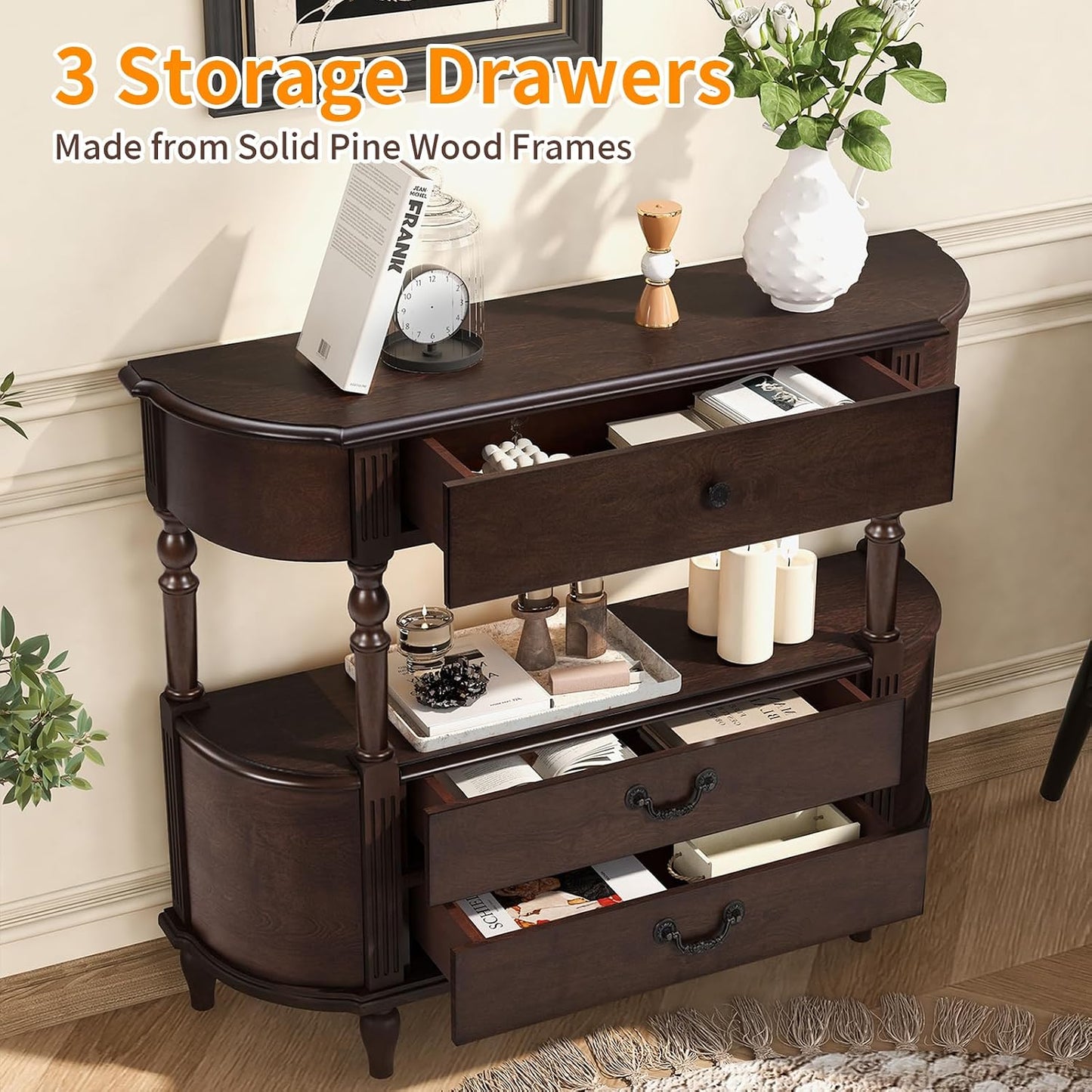 Solid Wood Console Table with Drawers Cherry Half Moon Entryway Table