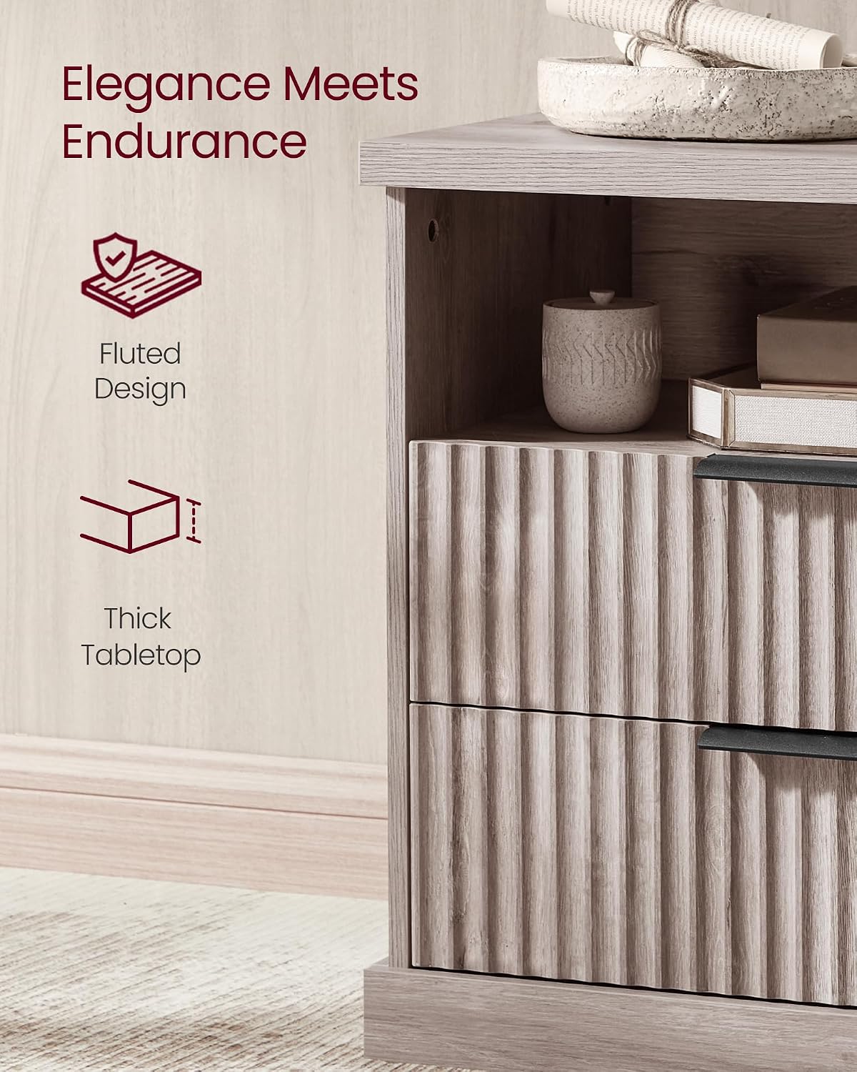 Modern Oak Beige Nightstand with Charging Station – 2-Drawer Fluted Bedside Table