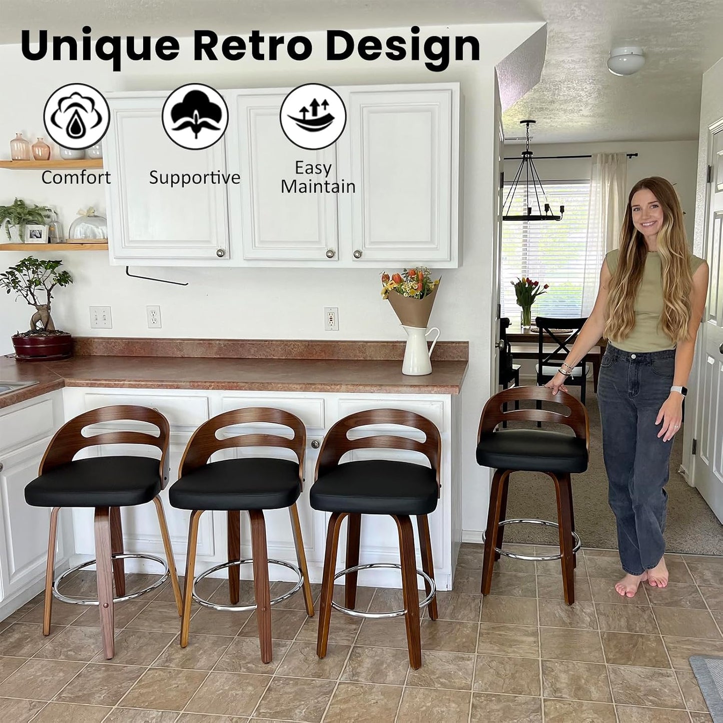 Walnut Green Swivel Counter Stool with Faux Leather Seat Mid Century Bar Chair