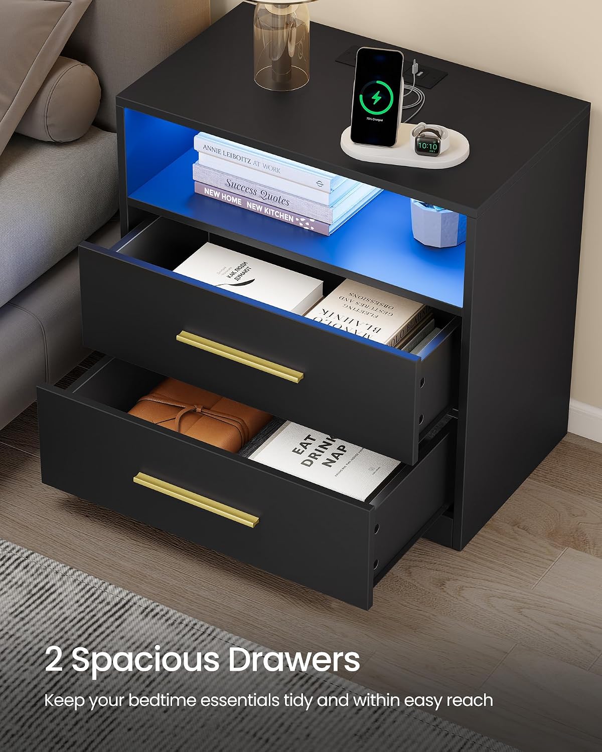 Modern Misty Gray Nightstand with LED Lights & Charging Station – 2-Drawer Bedside Table