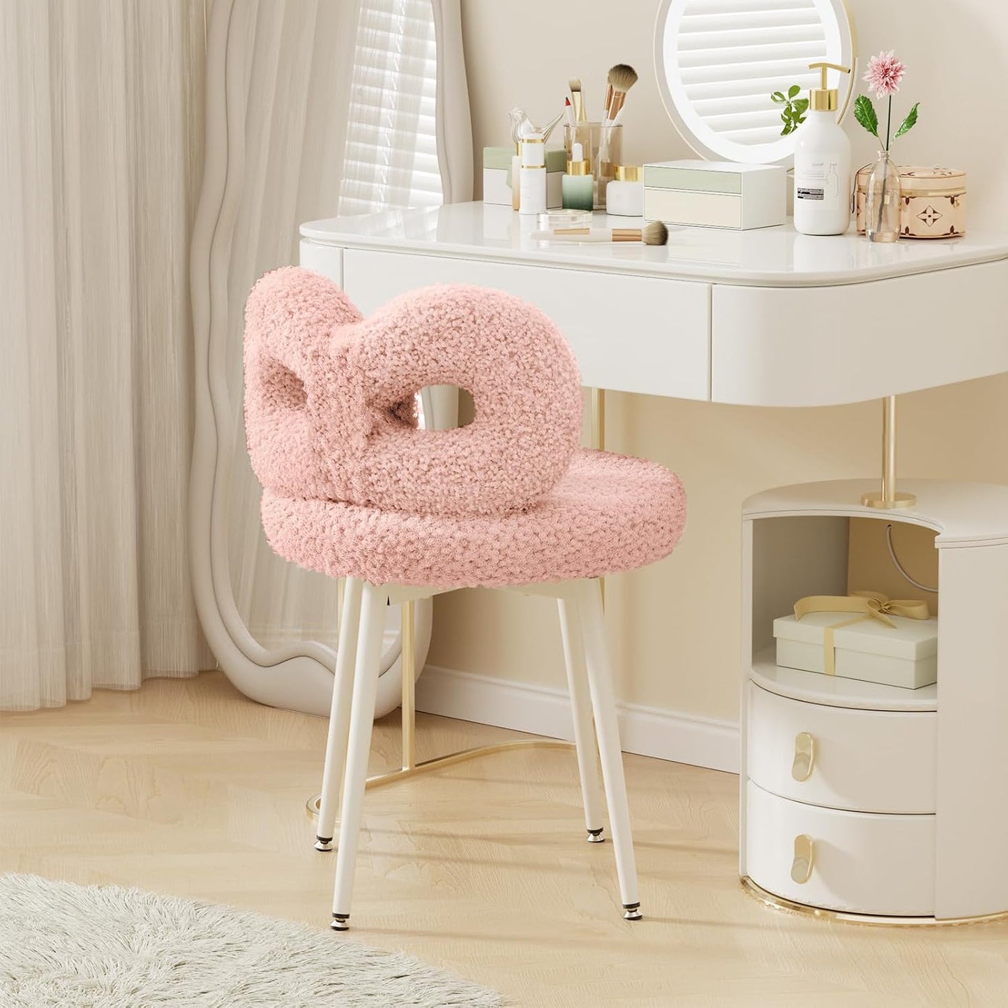 Pink Bow Vanity Chair Swivel Upholstered Makeup Chair with Metal Legs