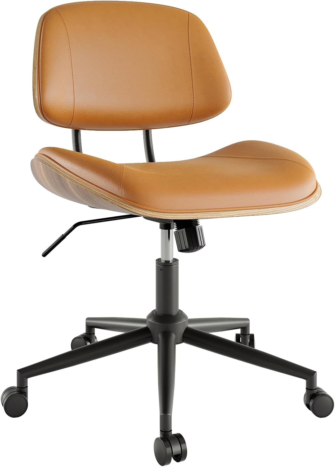 Black PU Leather Office Chair Armless Swivel Desk Chair with Walnut Back and Wheels