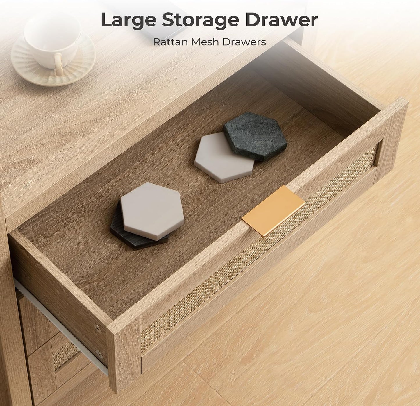 Rattan Nightstand with 3 Drawers Charging Station Farmhouse Bedside Table