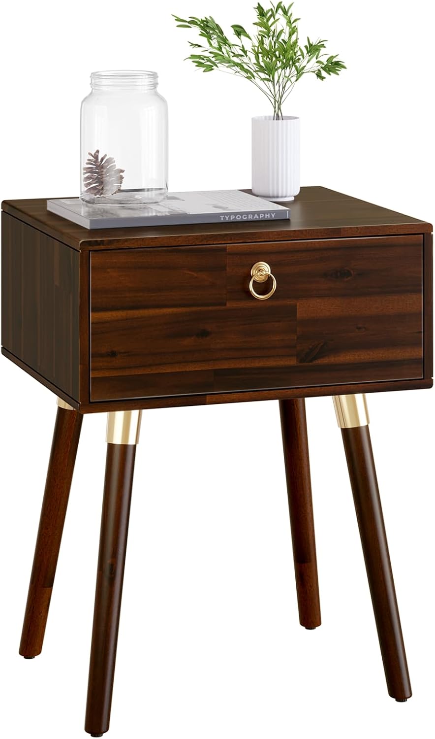 Solid Acacia Wood Nightstand with Drawer – Caramel Mid-Century Side Table