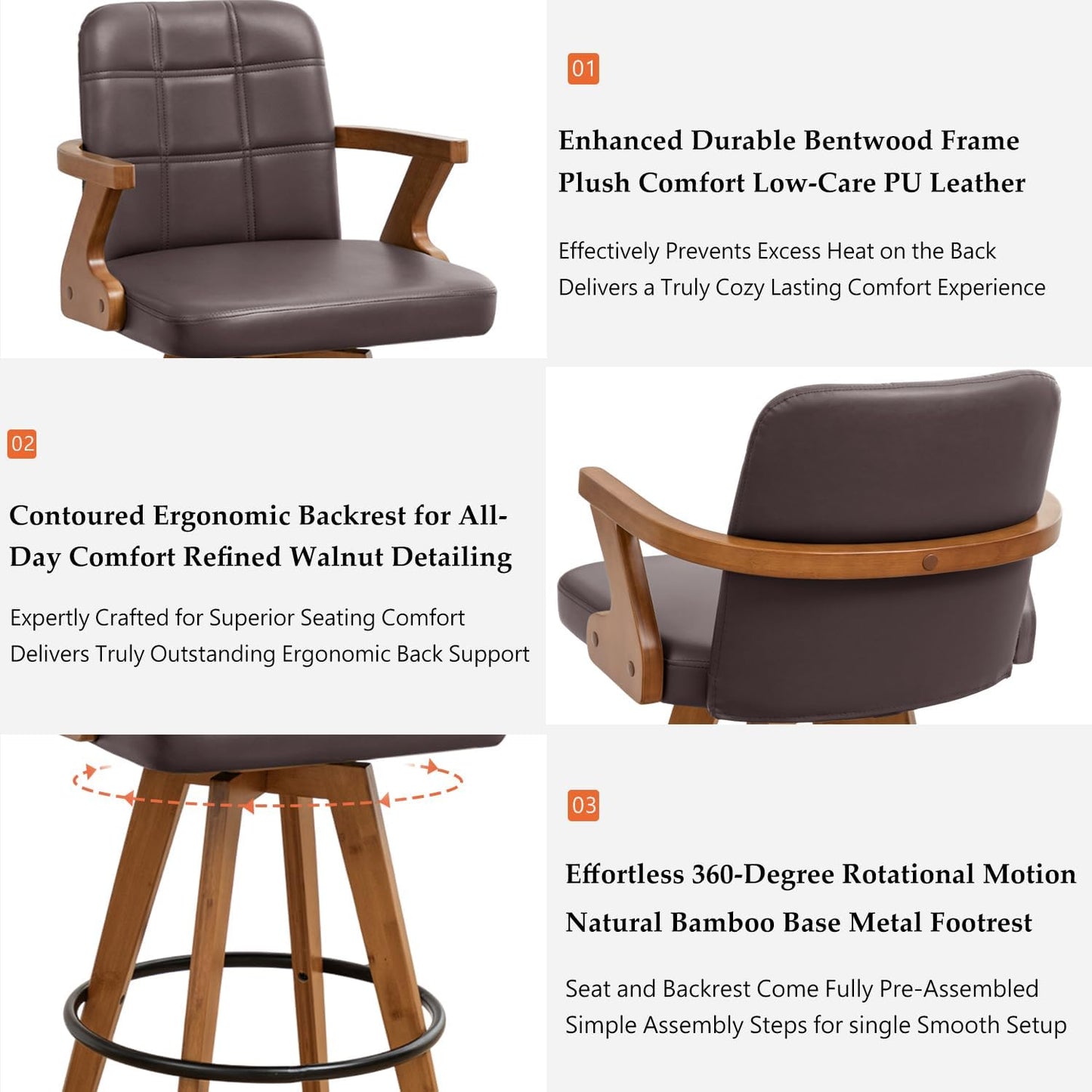 Walnut Black Swivel Counter Stool with Arms Mid Century Upholstered Bar Chair