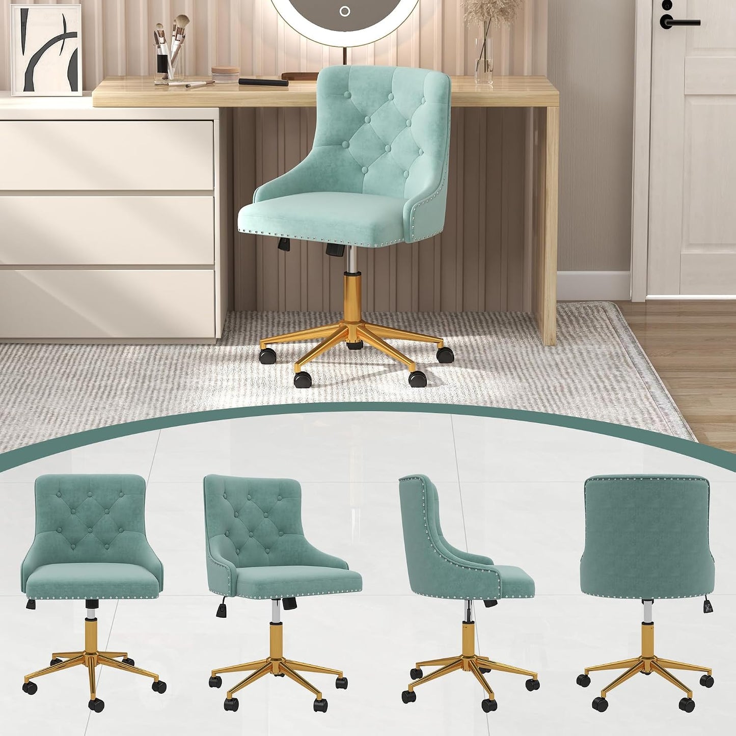 Beige Velvet Swivel Desk Chair Tufted Vanity Chair with Gold Base and Wheels