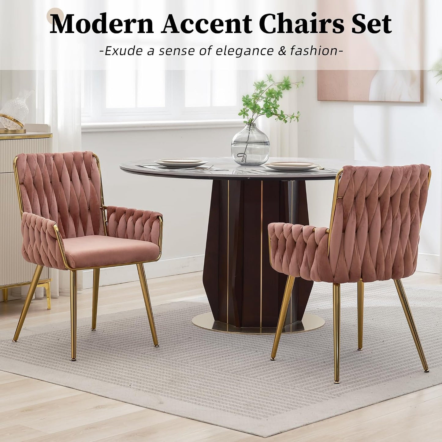Beige Velvet Vanity Chair Hand Woven Gold Leg Upholstered Accent Chair