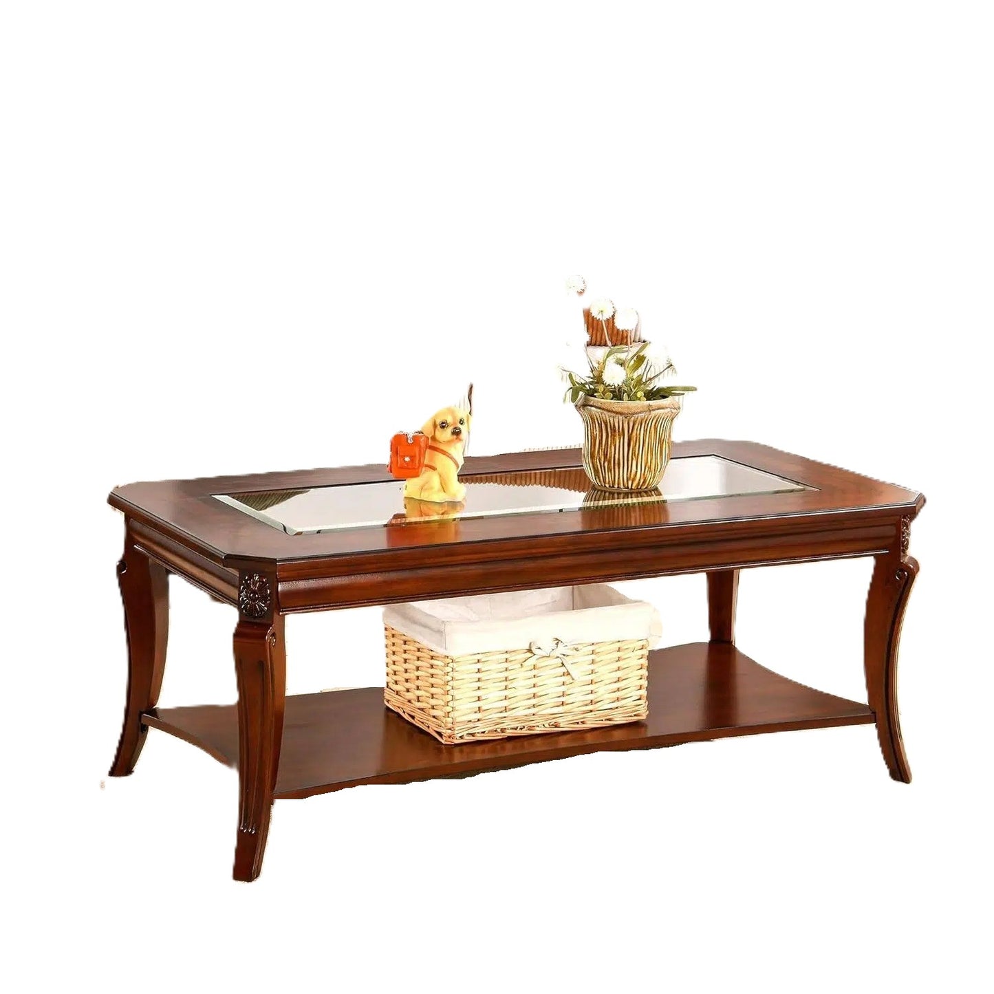 Traditional Glass Top Coffee Table with Carved Wood Legs & Lower Storage Shelf