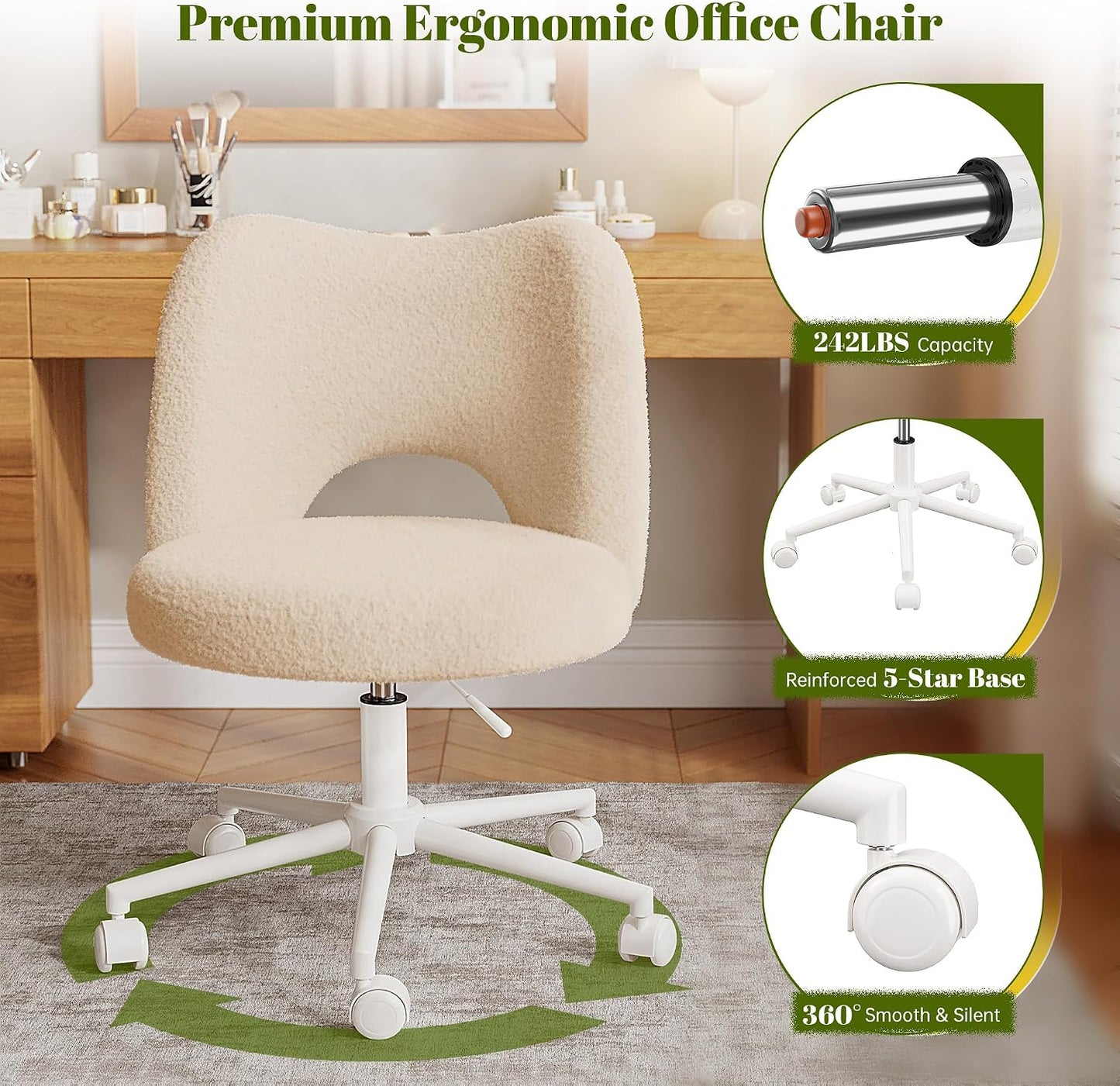 White Teddy Vanity Chair Armless Adjustable Swivel Desk Chair with Wheels