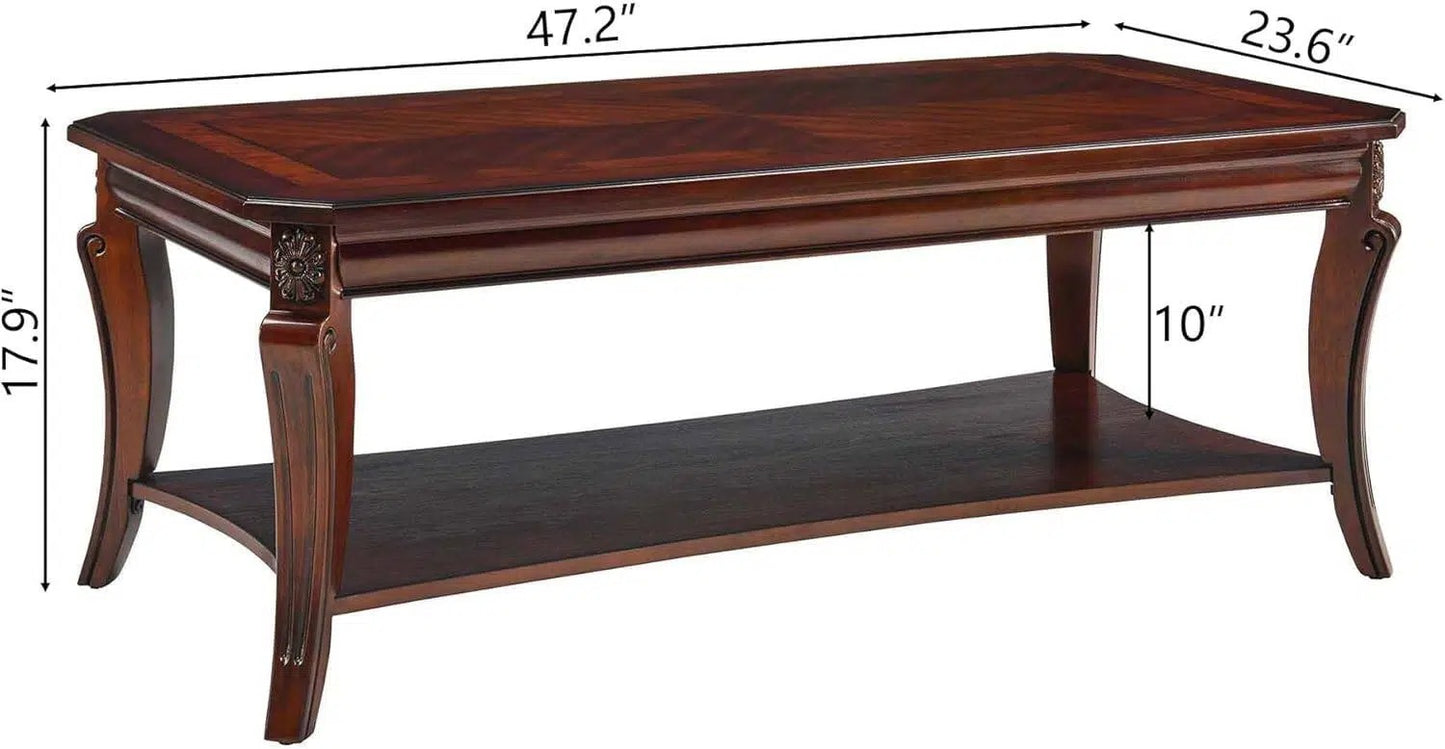 American-Style Carved Wood Coffee Table with Lower Storage Shelf – Cherry Finish