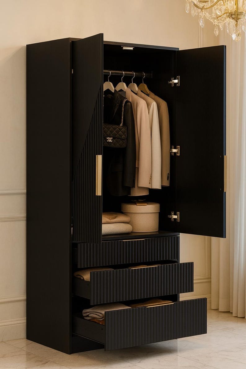 Modern Black Wood Wardrobe Armoire