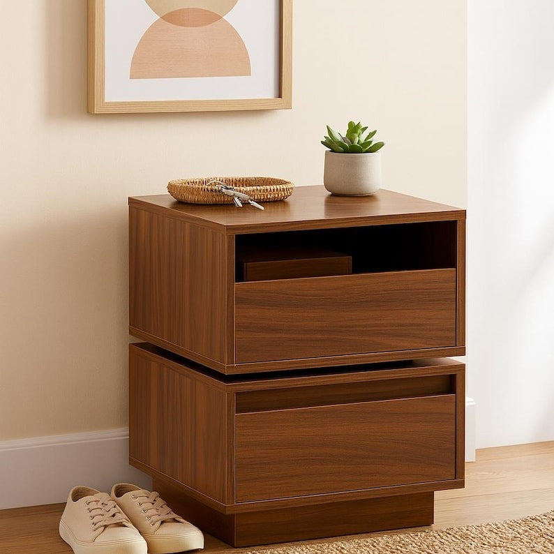 Walnut Rotating Nightstand with 2 Drawers