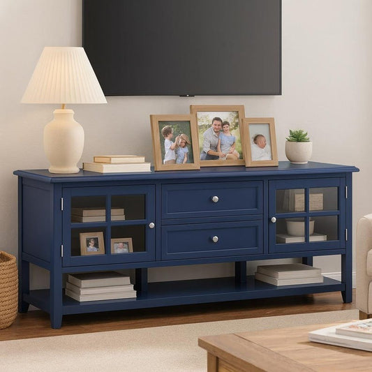 Minimalist TV Stand with 2 Glass Doors & 2 Drawers