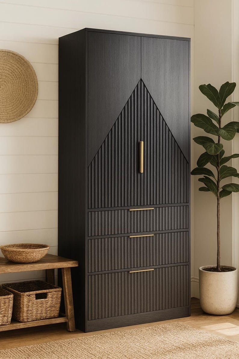 Modern Black Wood Wardrobe Armoire