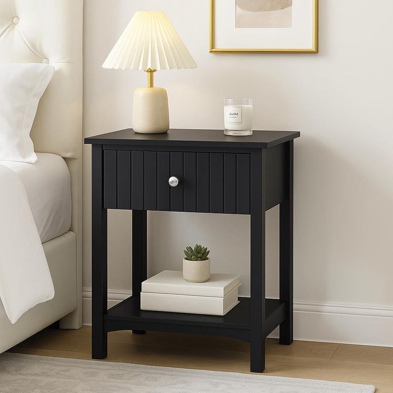 Black Modern Wood Fluted Nightstand
