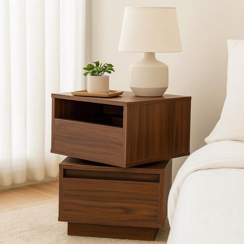 Walnut Rotating Nightstand with 2 Drawers