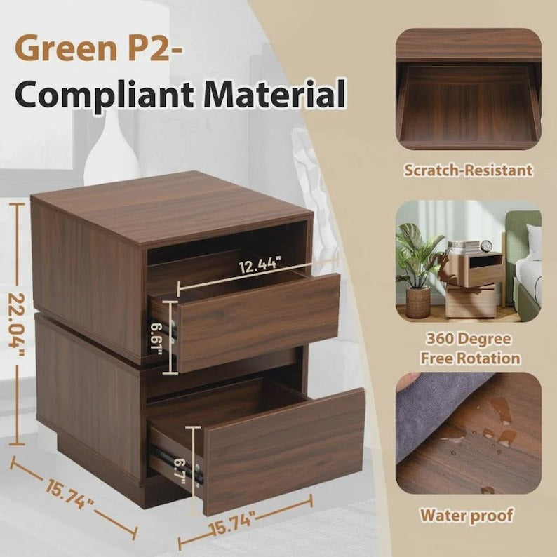 Walnut Rotating Nightstand with 2 Drawers