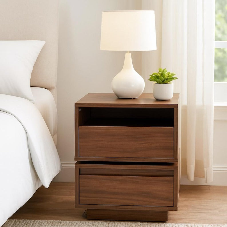 Walnut Rotating Nightstand with 2 Drawers