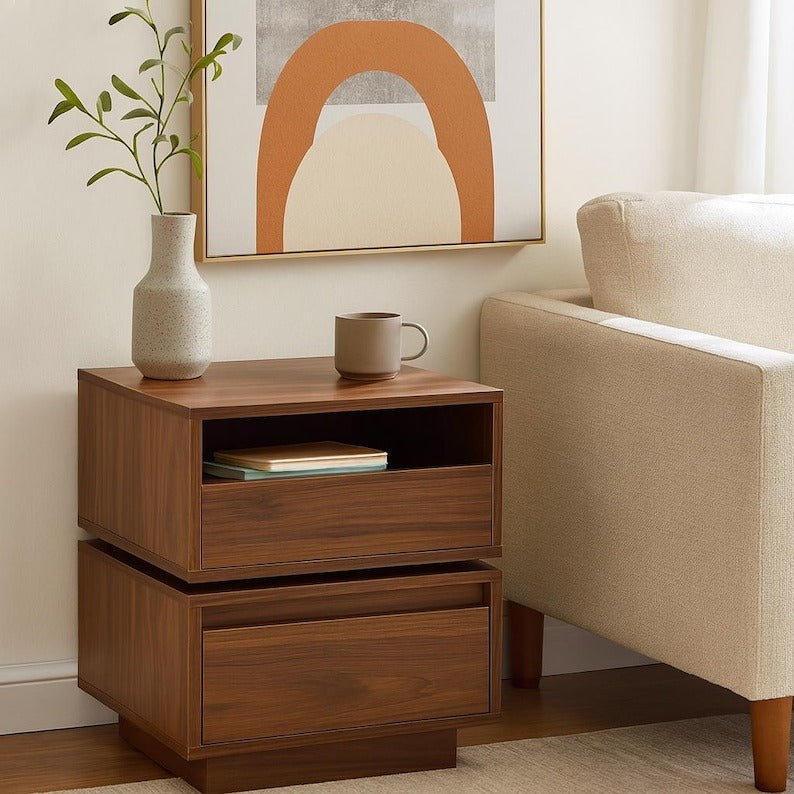 Walnut Rotating Nightstand with 2 Drawers