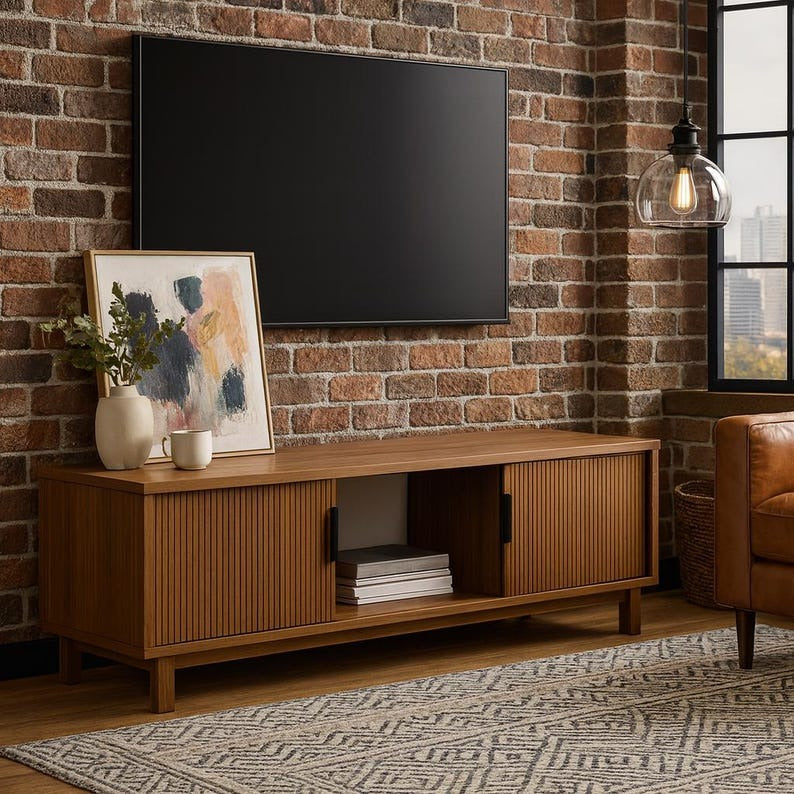 Modern Fluted-Door TV Stand in Mocha