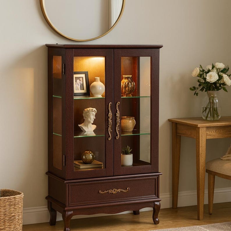 Lighted Curio Cabinet - Dark Cherry Display & Shelves