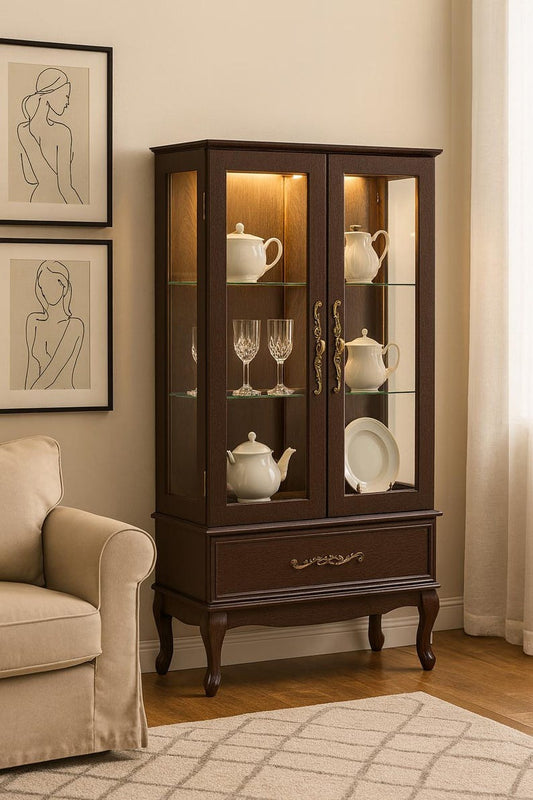 Lighted Curio Cabinet - Dark Cherry Display & Shelves