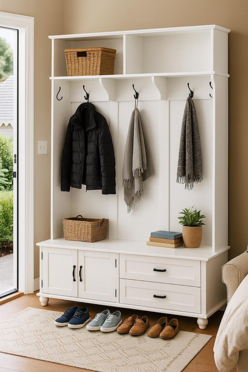 Modern White Hall Tree with Storage