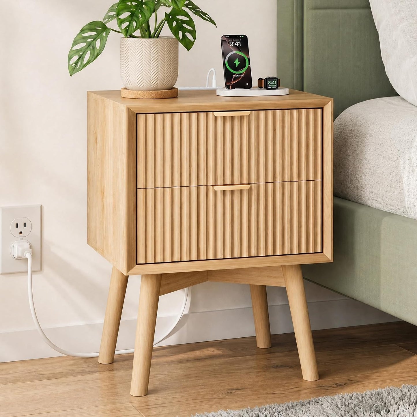 Modern Fluted Nightstand with Charging Station & 2 Drawers