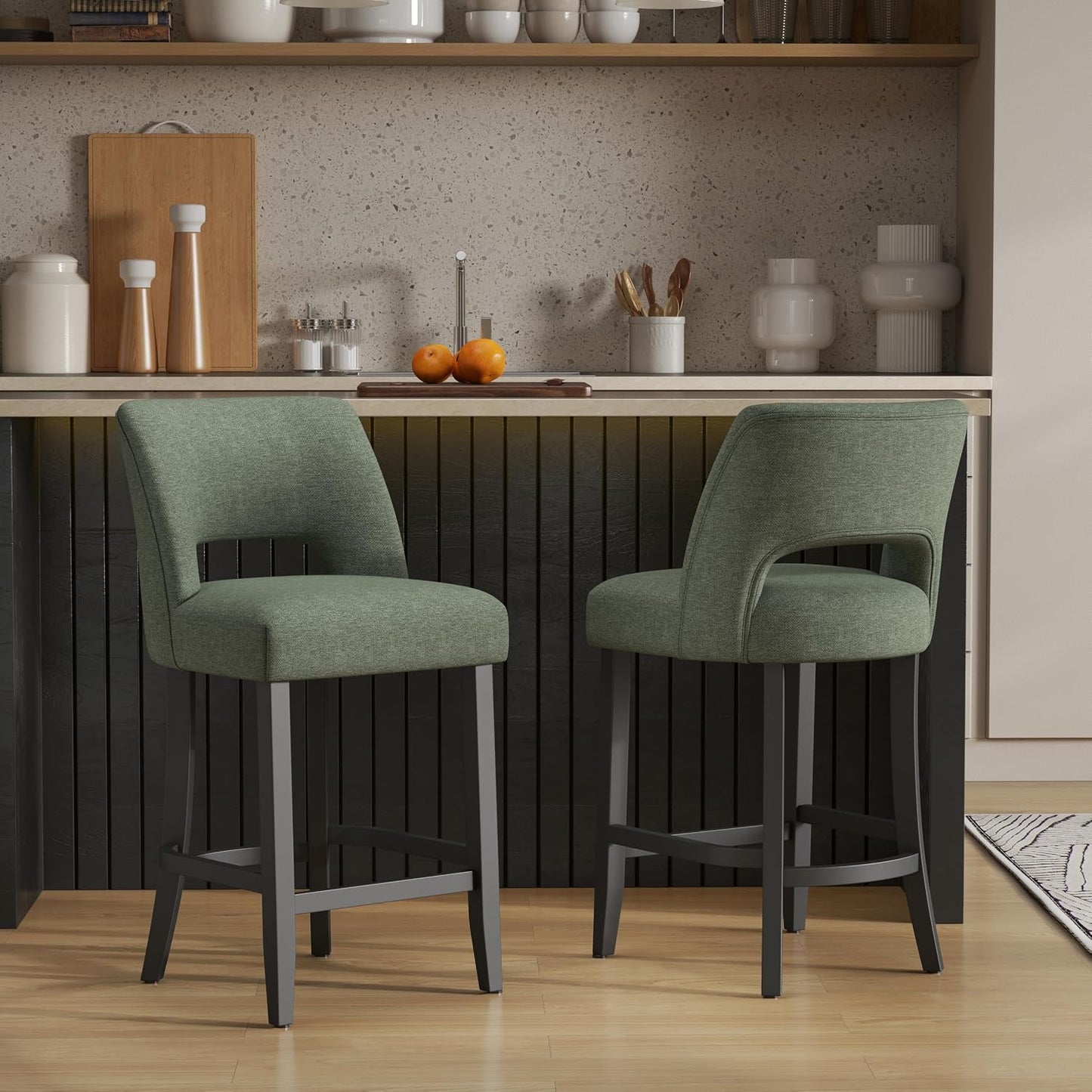 26 Inch Green Upholstered Counter Height Bar Stools Rubberwood Set of 2