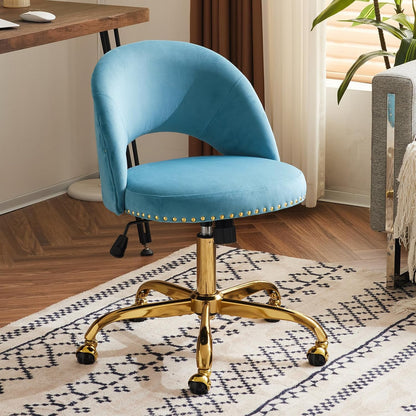 Navy Blue Velvet Office Chair Gold Swivel Rolling Vanity Desk Chair