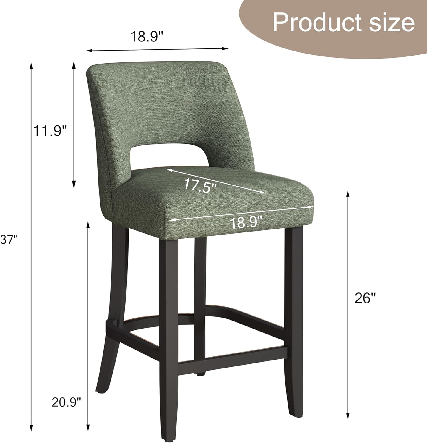 26 Inch Green Upholstered Counter Height Bar Stools Rubberwood Set of 2