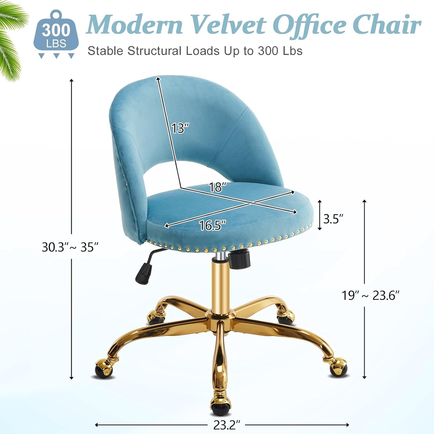 Navy Blue Velvet Office Chair Gold Swivel Rolling Vanity Desk Chair