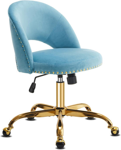 Navy Blue Velvet Office Chair Gold Swivel Rolling Vanity Desk Chair