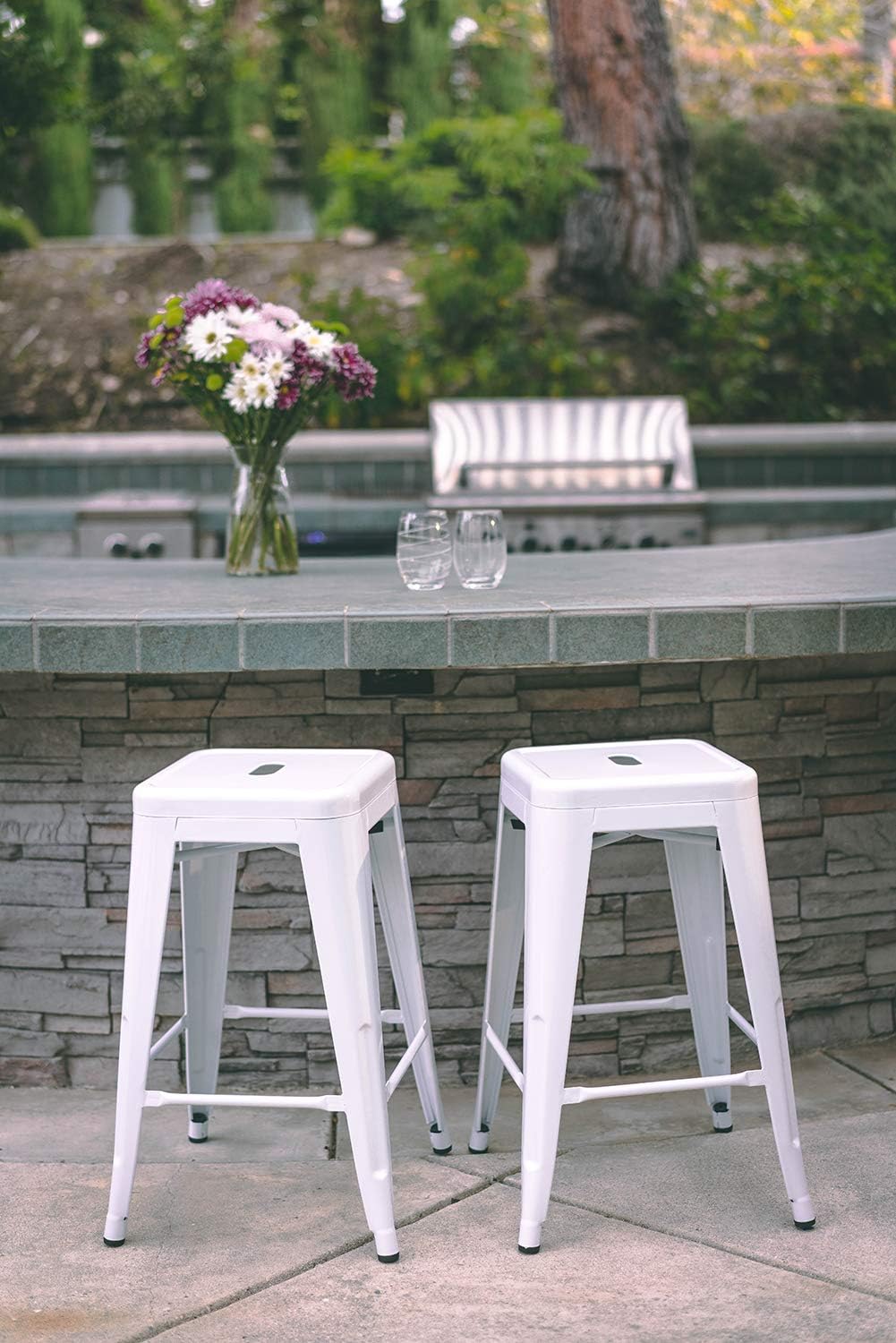 Black Metal Bar Stools Set of 2 Stackable Industrial Counter Height Seats
