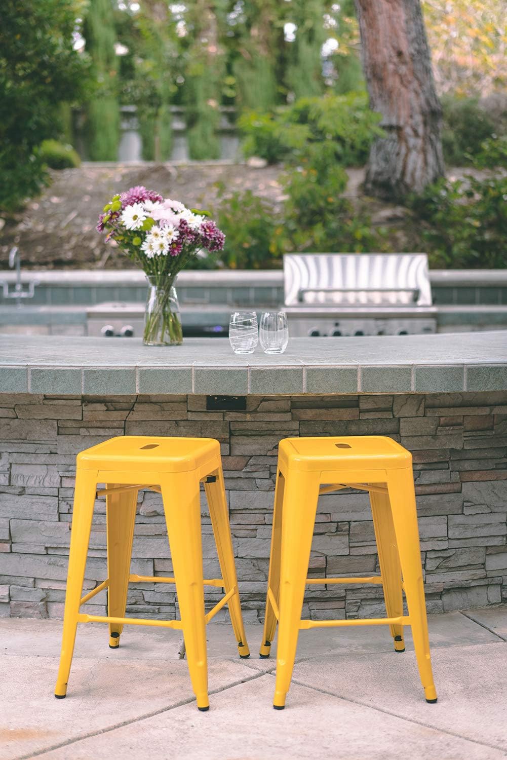 Black Metal Bar Stools Set of 2 Stackable Industrial Counter Height Seats