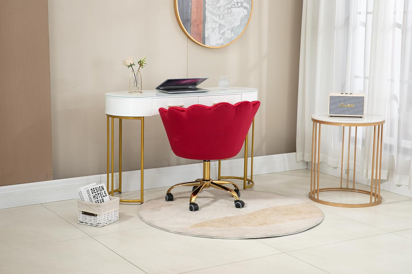 Blue Velvet Office Chair Adjustable Swivel Vanity Chair with Gold Base