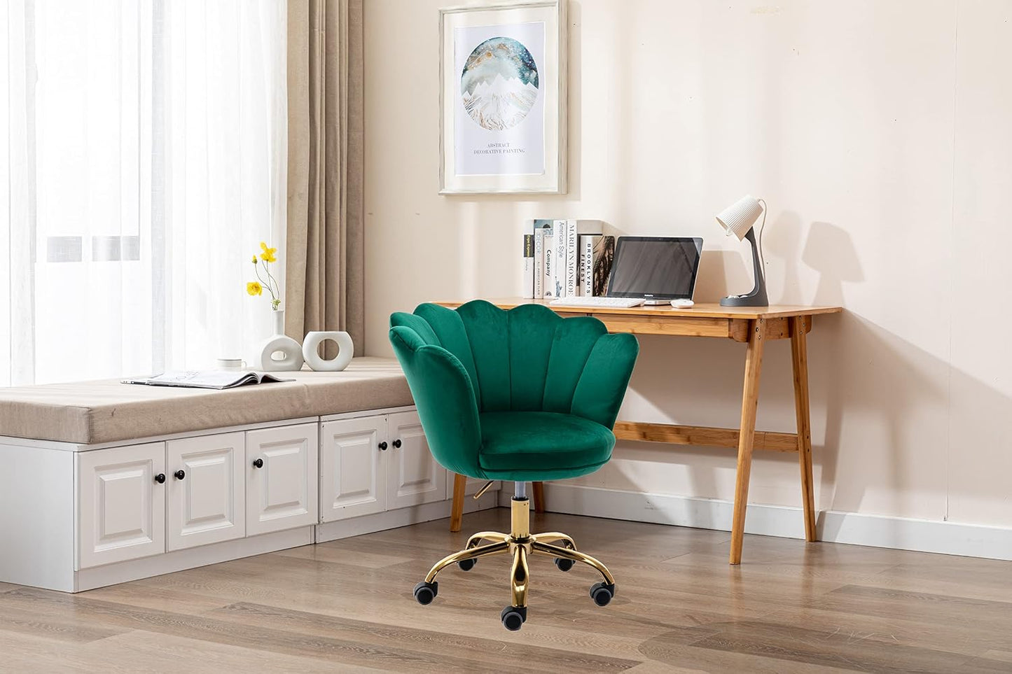 Blue Velvet Office Chair Adjustable Swivel Vanity Chair with Gold Base
