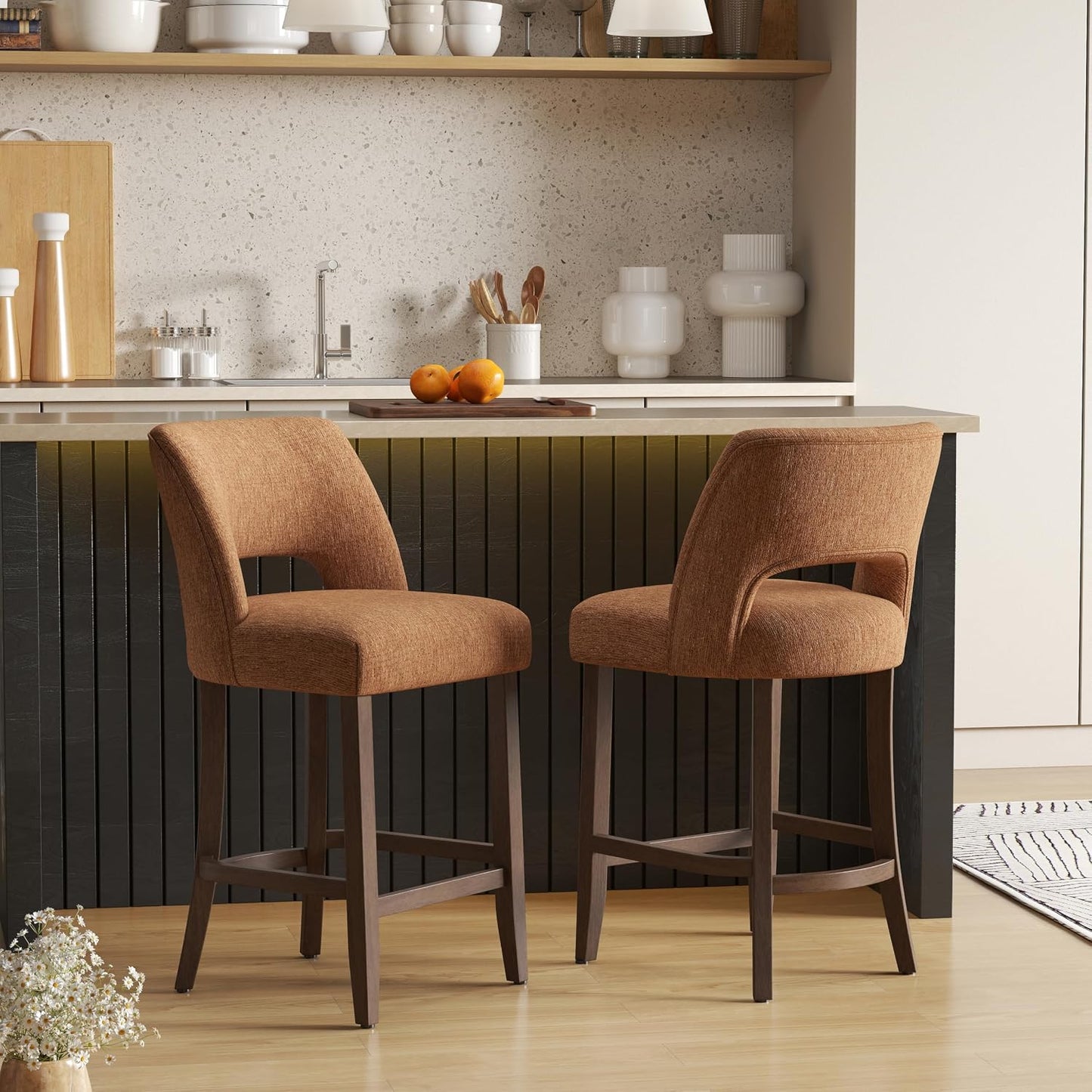 26 Inch Green Upholstered Counter Height Bar Stools Rubberwood Set of 2