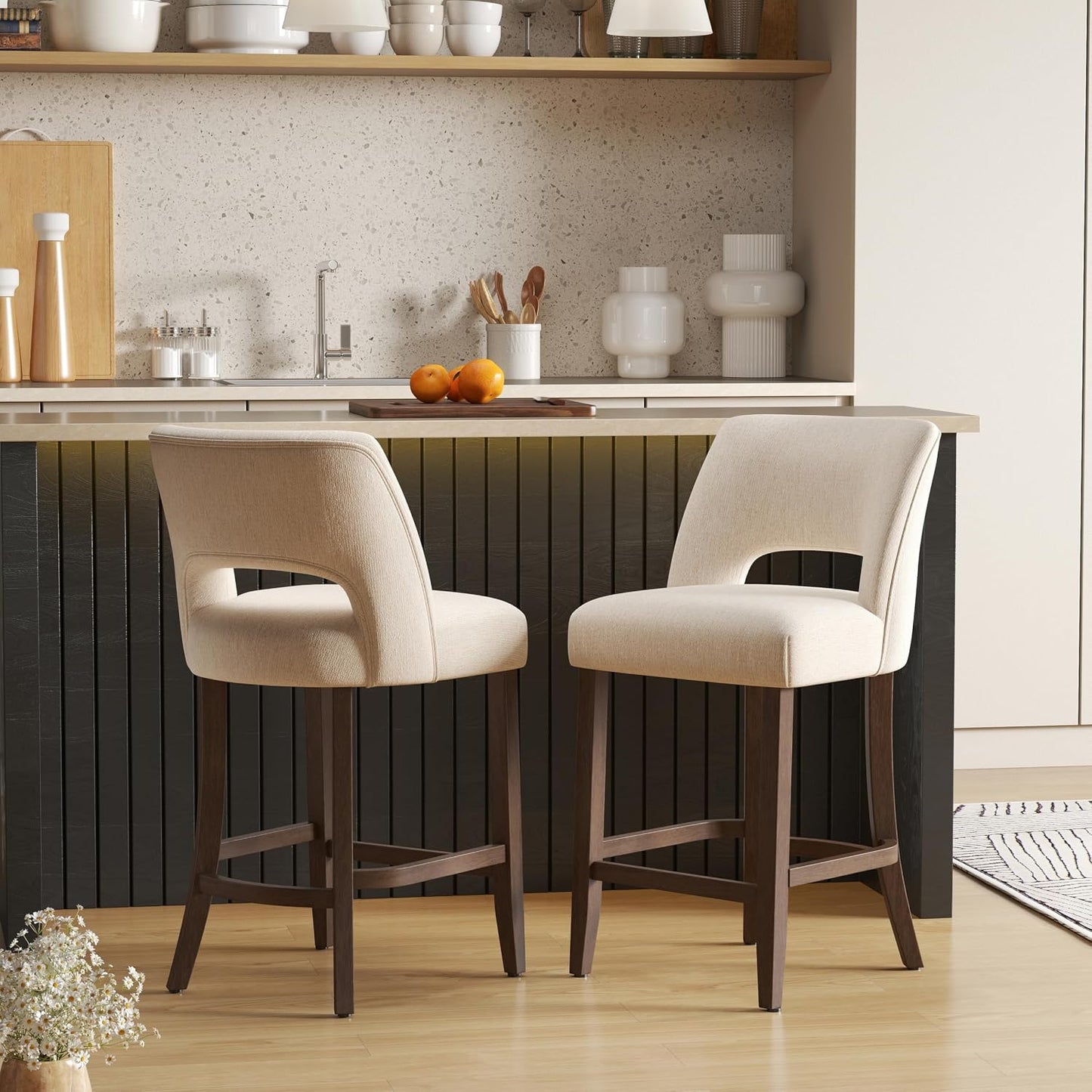26 Inch Green Upholstered Counter Height Bar Stools Rubberwood Set of 2