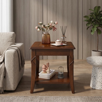 Classic Wood End Table with Drawer & Lower Storage Shelf