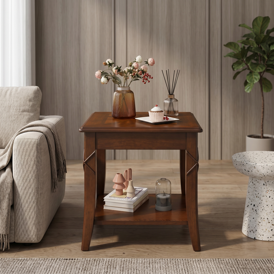 Classic Wood End Table with Drawer & Lower Storage Shelf