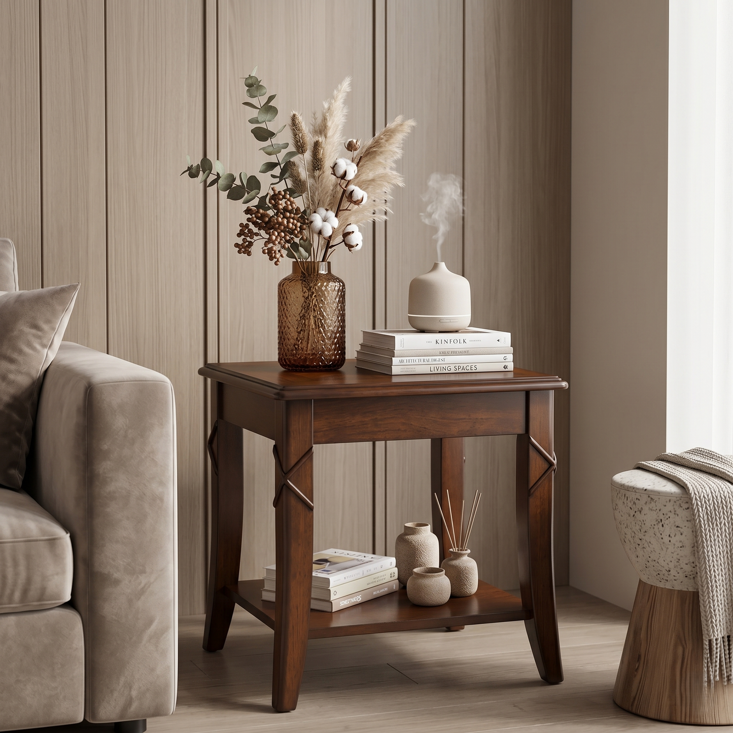Classic Wood End Table with Drawer & Lower Storage Shelf