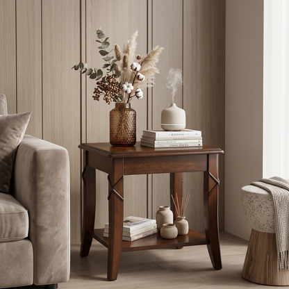 Classic Wood End Table with Drawer & Lower Storage Shelf