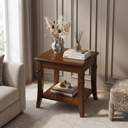 Classic Wood End Table with Drawer & Lower Storage Shelf